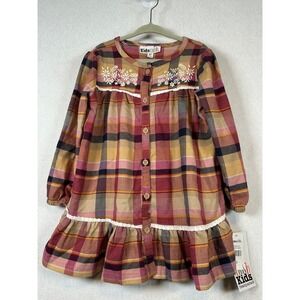 Kids Headquarters Plaid Embroidered Button Front Dress 4T LongSleeve Ruffle NWT